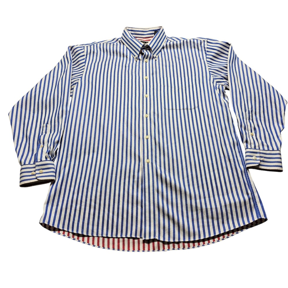 Jos. A. Bank Traveler's Collection Shirt Mens L Blue White Stripe Cotton Button